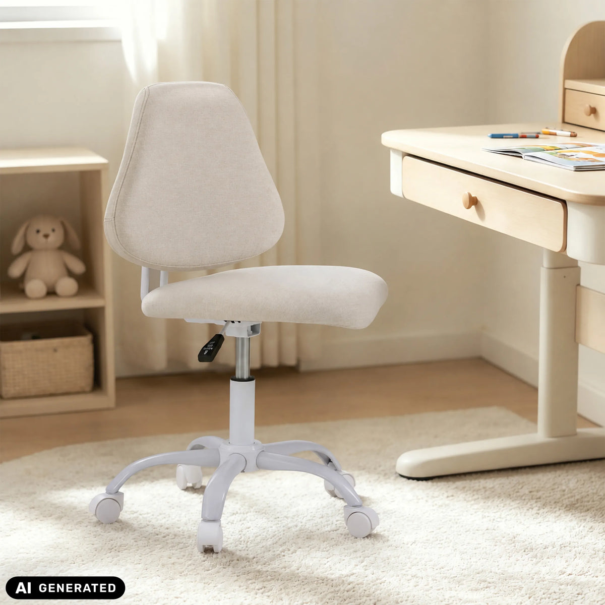Beiger Kinderdrehstuhl Lumikid mit Rollen und Gasdruckfeder von hjh OFFICE (KI-generiertes Bild)