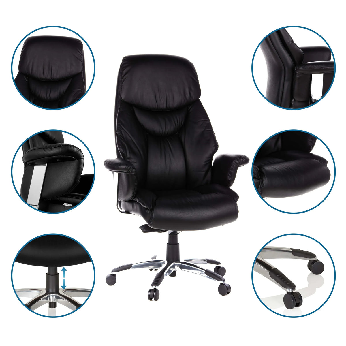 Luxus-Chefsessel PRADO in Schwarz mit Detailansichten von Kopfstütze, Armlehne, Sitz und Fußkreuz von hjh OFFICE