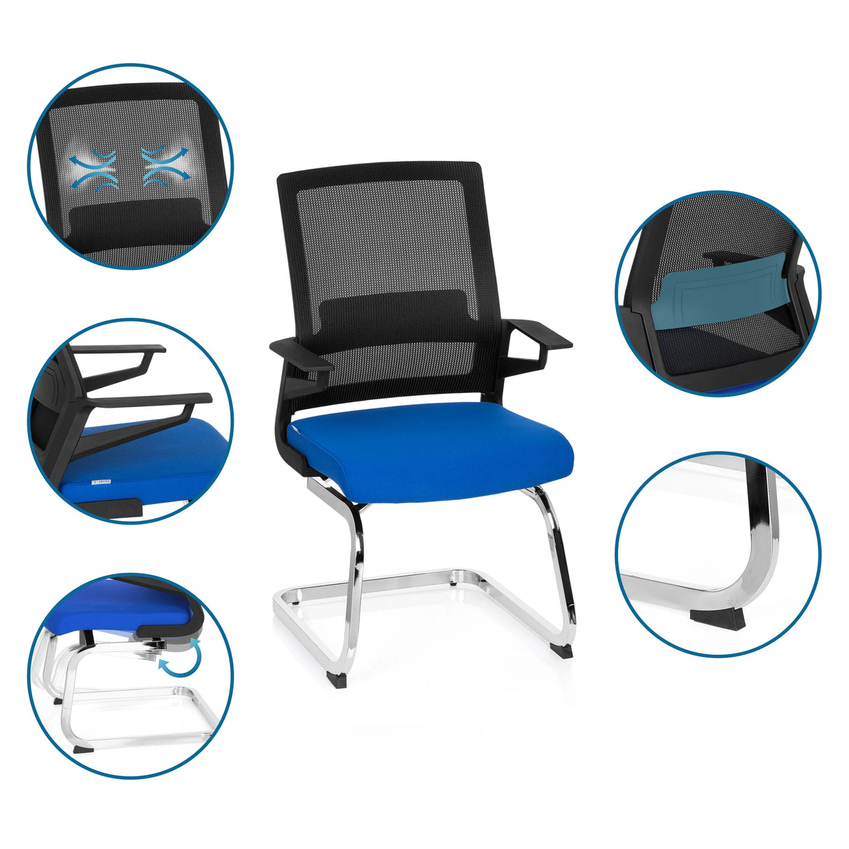 Freischwinger INVENTOR V in Schwarz-Blau mit Netzrücken, blauer Sitzfläche und Kufengestell aus Chrom von hjh OFFICE