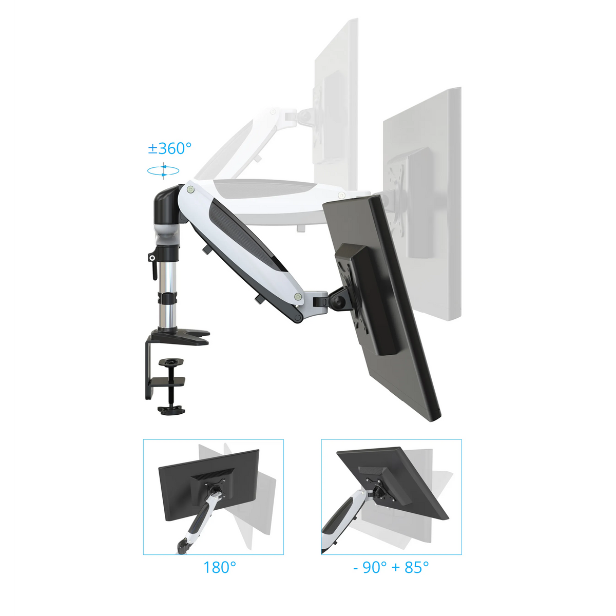 Verstellmöglichkeiten der Monitorhalterung VM-MG2S mit einer Drehung von 360° und Neigungswinkeln von hjh OFFICE