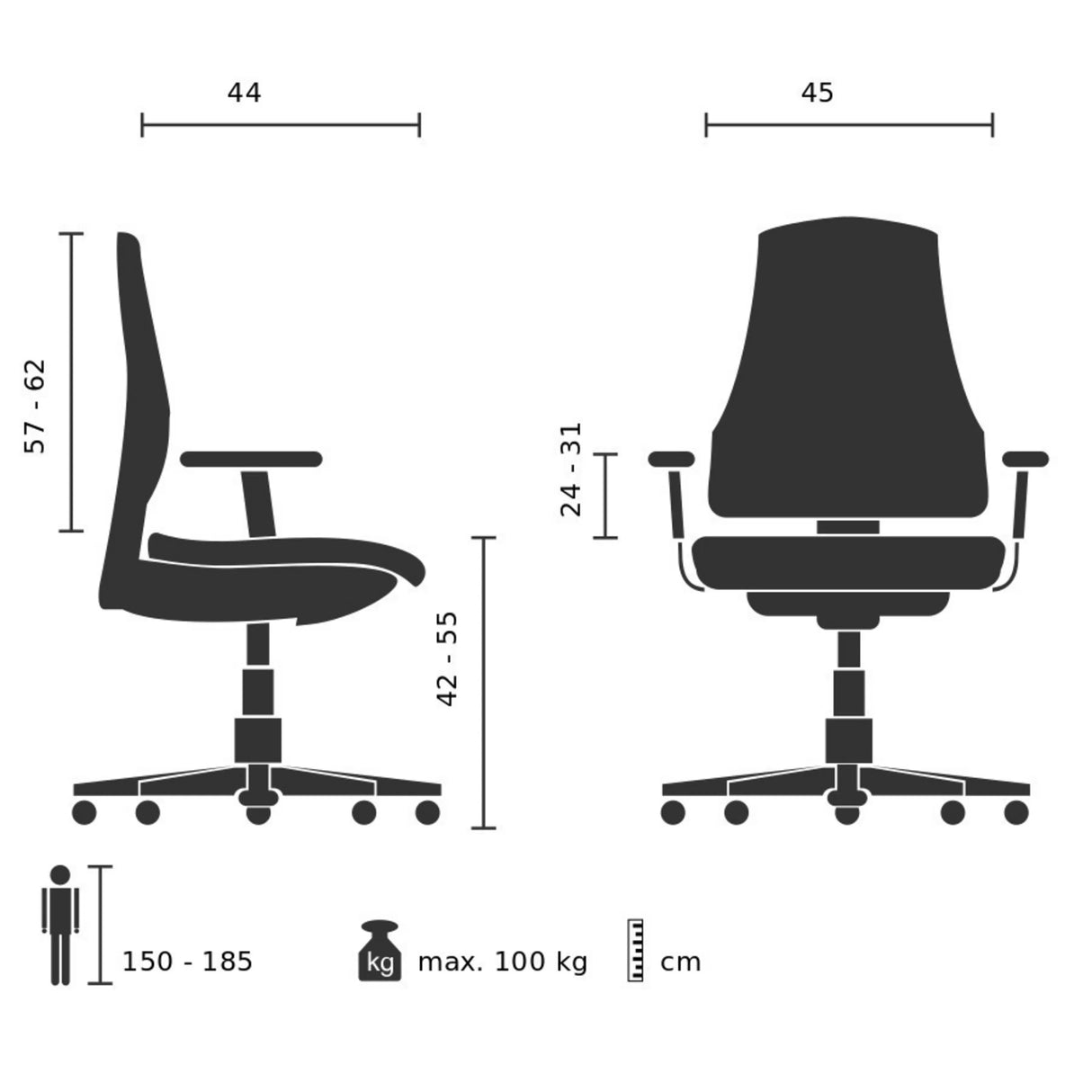 Technische Zeichnung des Homeoffice-Bürostuhls CALIFORNIA 60 mit einer maximalen Belastbarkeit von 100 kg von Topstar