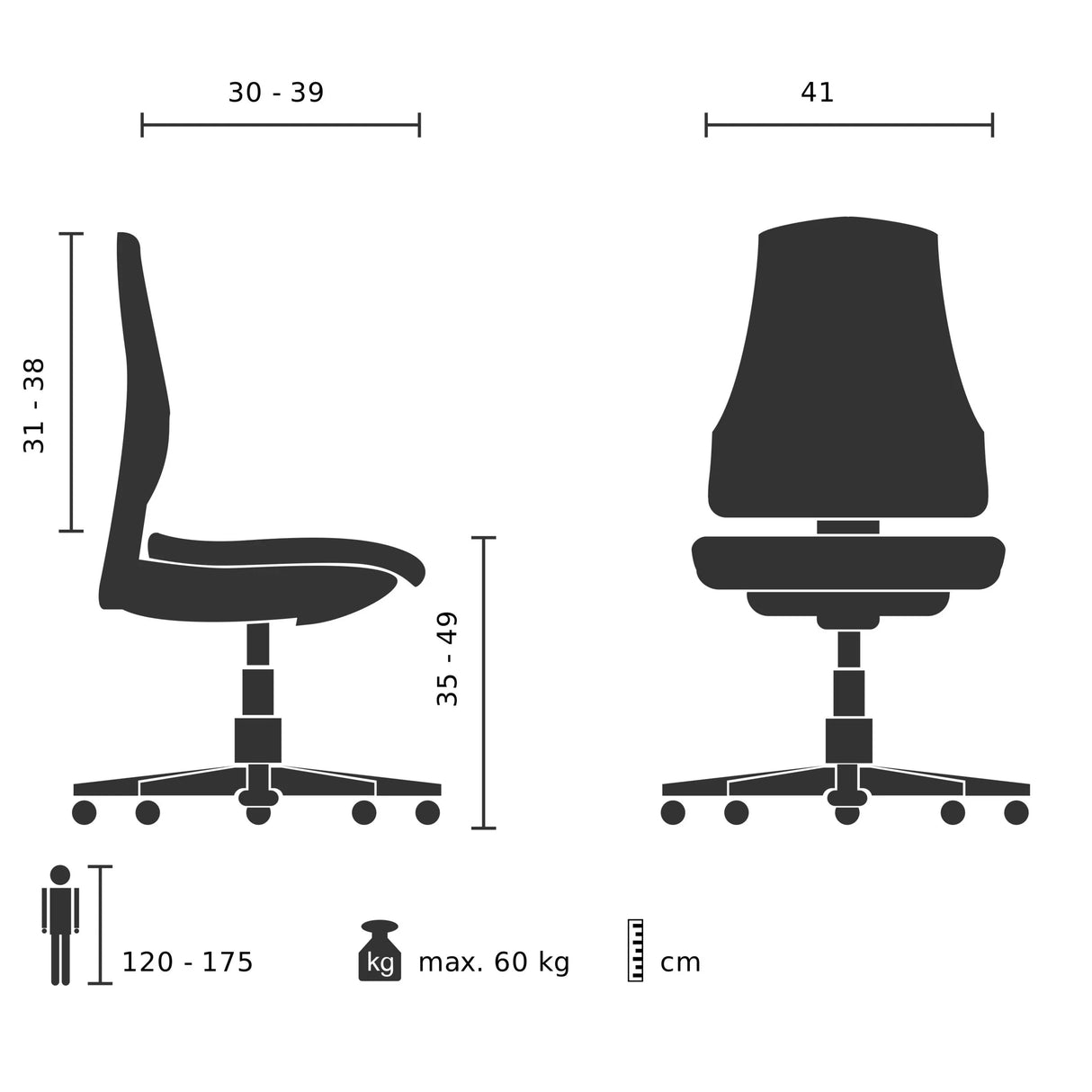 Technische Zeichnung des Kinderdrehstuhls MINIMOVO mit einer maximalen Belastbarkeit von 60 kg von hjh OFFICE