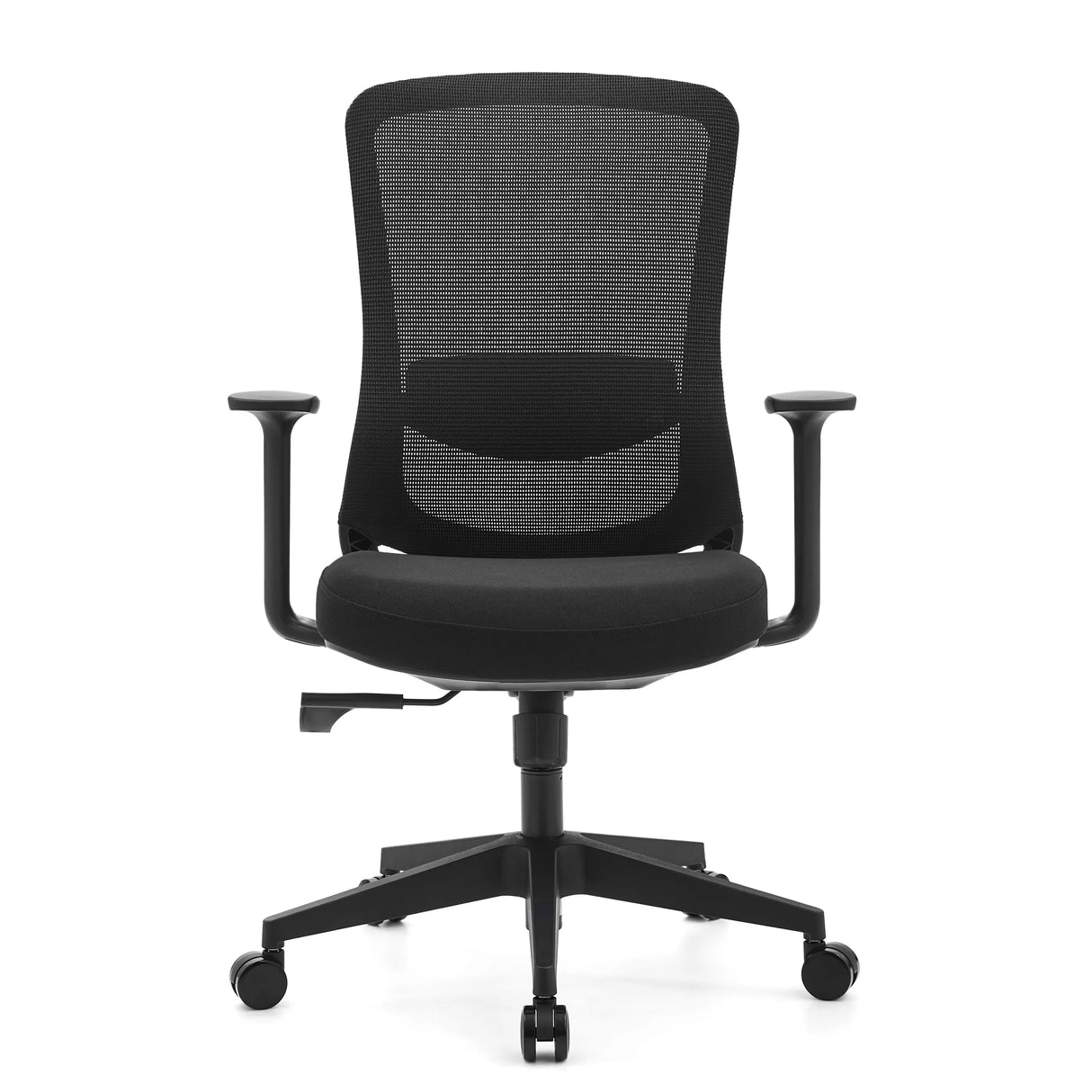 Schwarzer Homeoffice-Bürostuhl Sedito mit Netzrücken und Fußkreuz mit fünf Rollen von hjh OFFICE – 360-Grad-Ansicht (Frontansicht 0°)