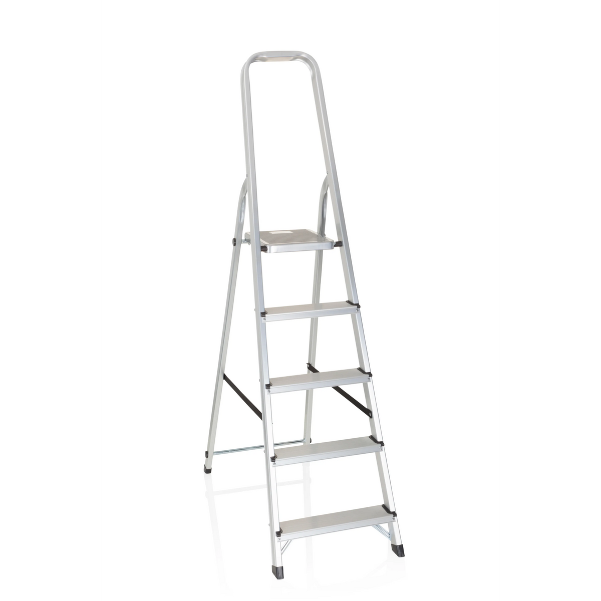 Silberne Klappleiter SOLID III aus Aluminium mit fünf Stufen und Handgriff von hjh OFFICE – 360-Grad-Ansicht (Frontansicht 20°)