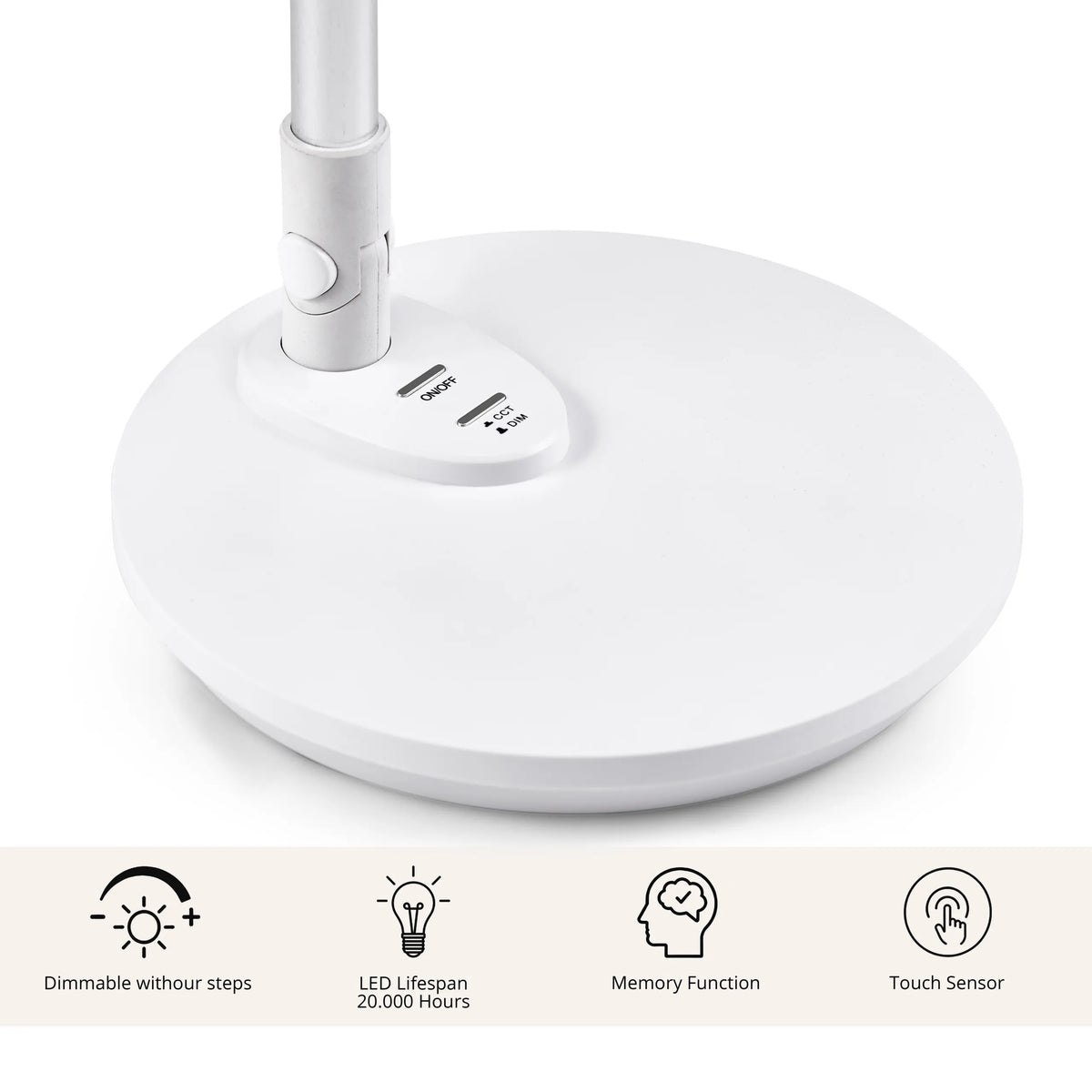 Weißer Standfuß der Schreibtischlampe Lumanova D3 mit Touch-Bedienelementen für Ein-Aus- und Dimmfunktion von hjh OFFICE