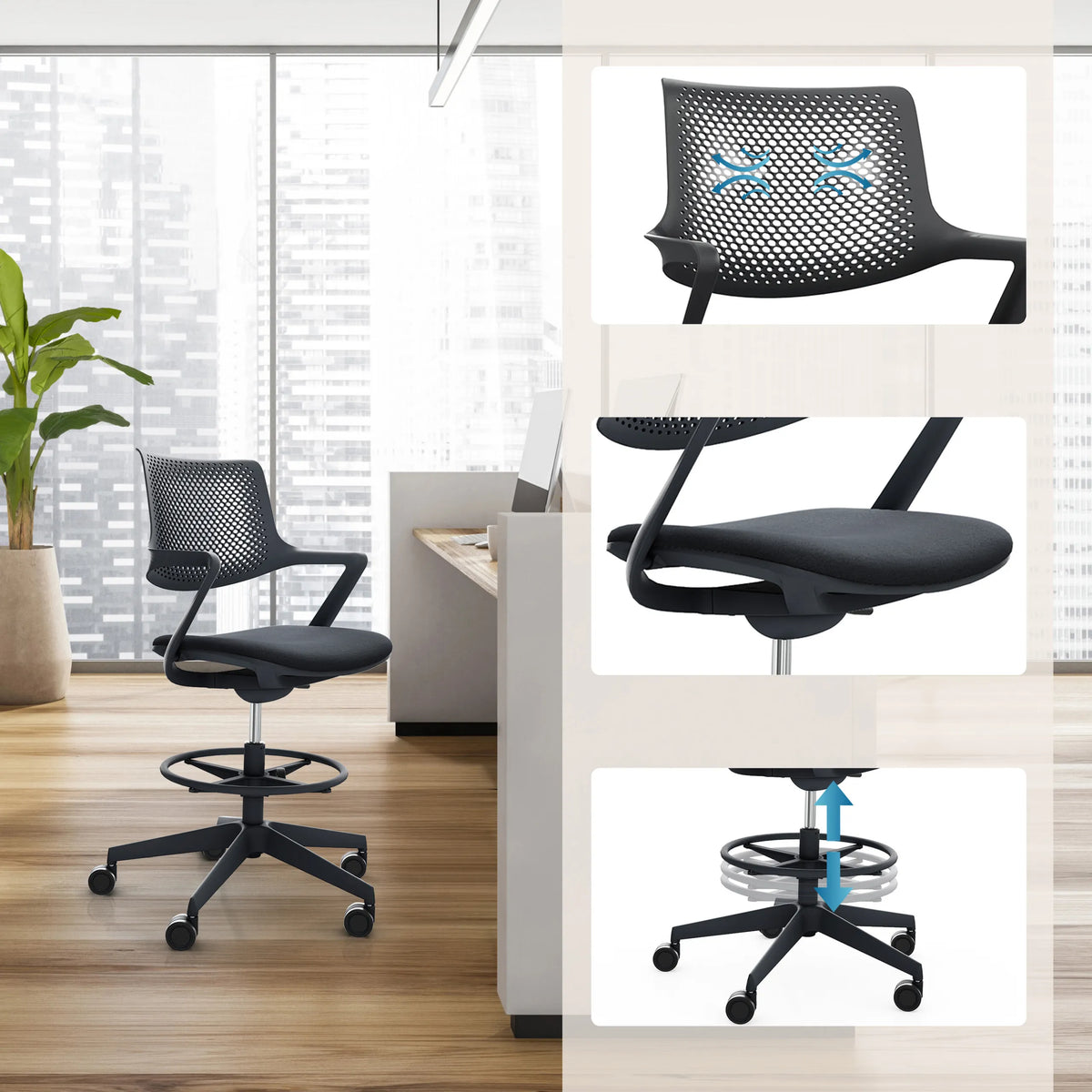 Schwarz geführter Counterstuhl FLEX CHAIR C mit Netzrückenlehne, Fußring und Rollen von Bosen Europe