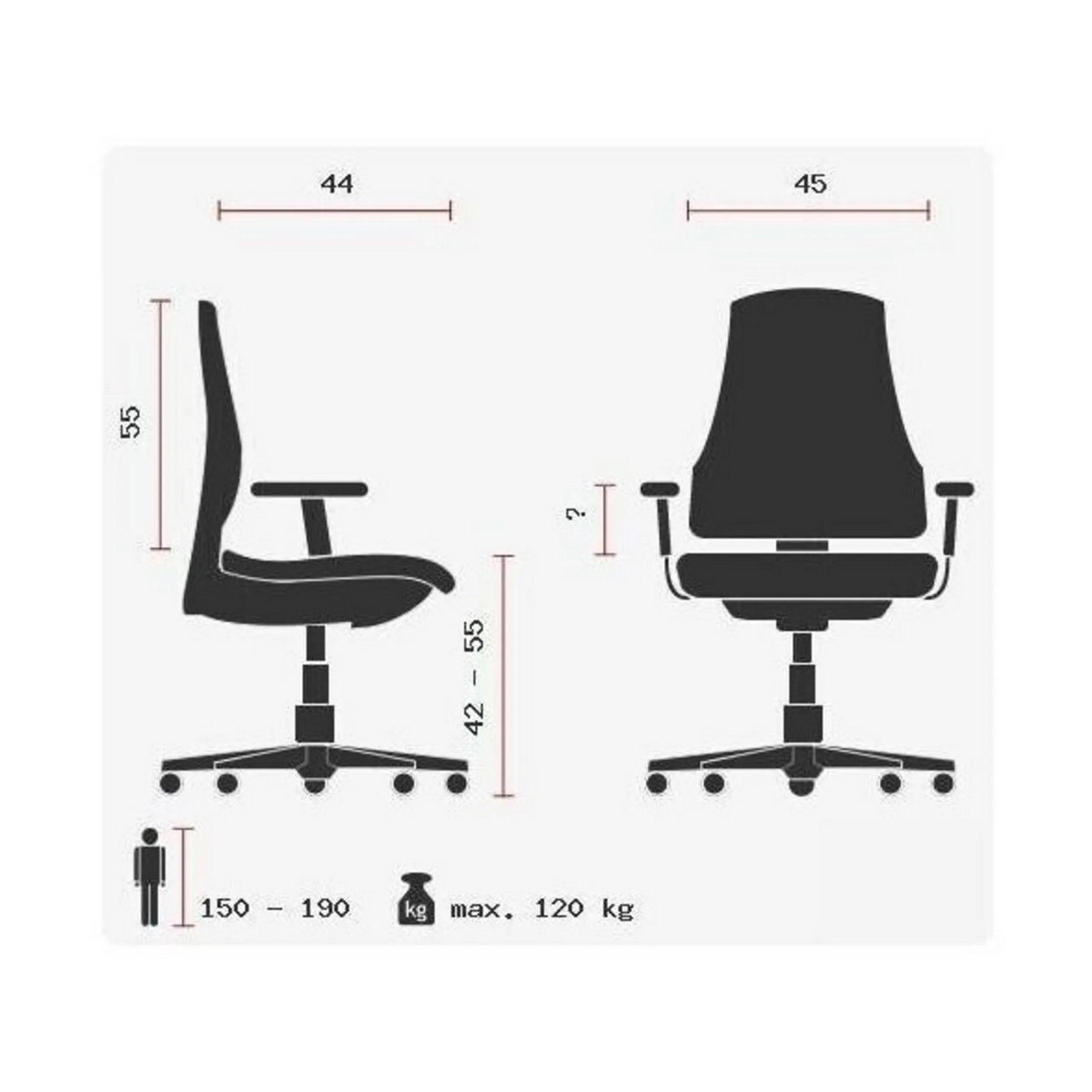 Technische Zeichnung des Profi-Bürostuhls X-ERCISE mit einer maximalen Belastbarkeit von 120 kg von Topstar