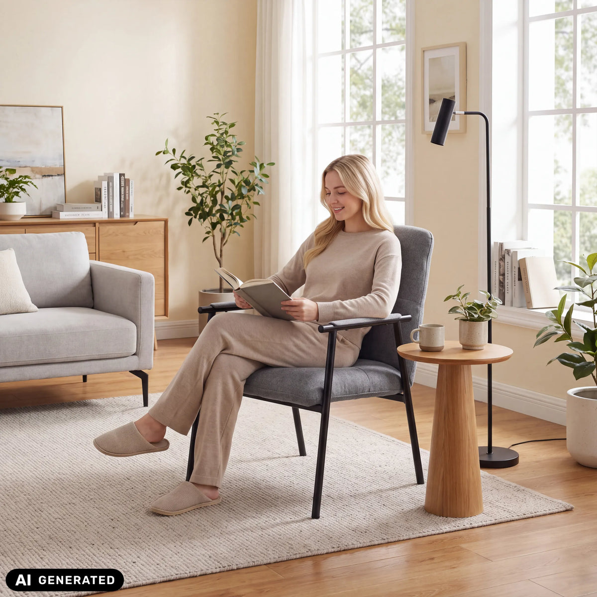 Grauer Sessel Lifea Flex mit schwarzen Armlehnen in einem hellen Wohnzimmer von hjh LIVING (KI-generiertes Bild)