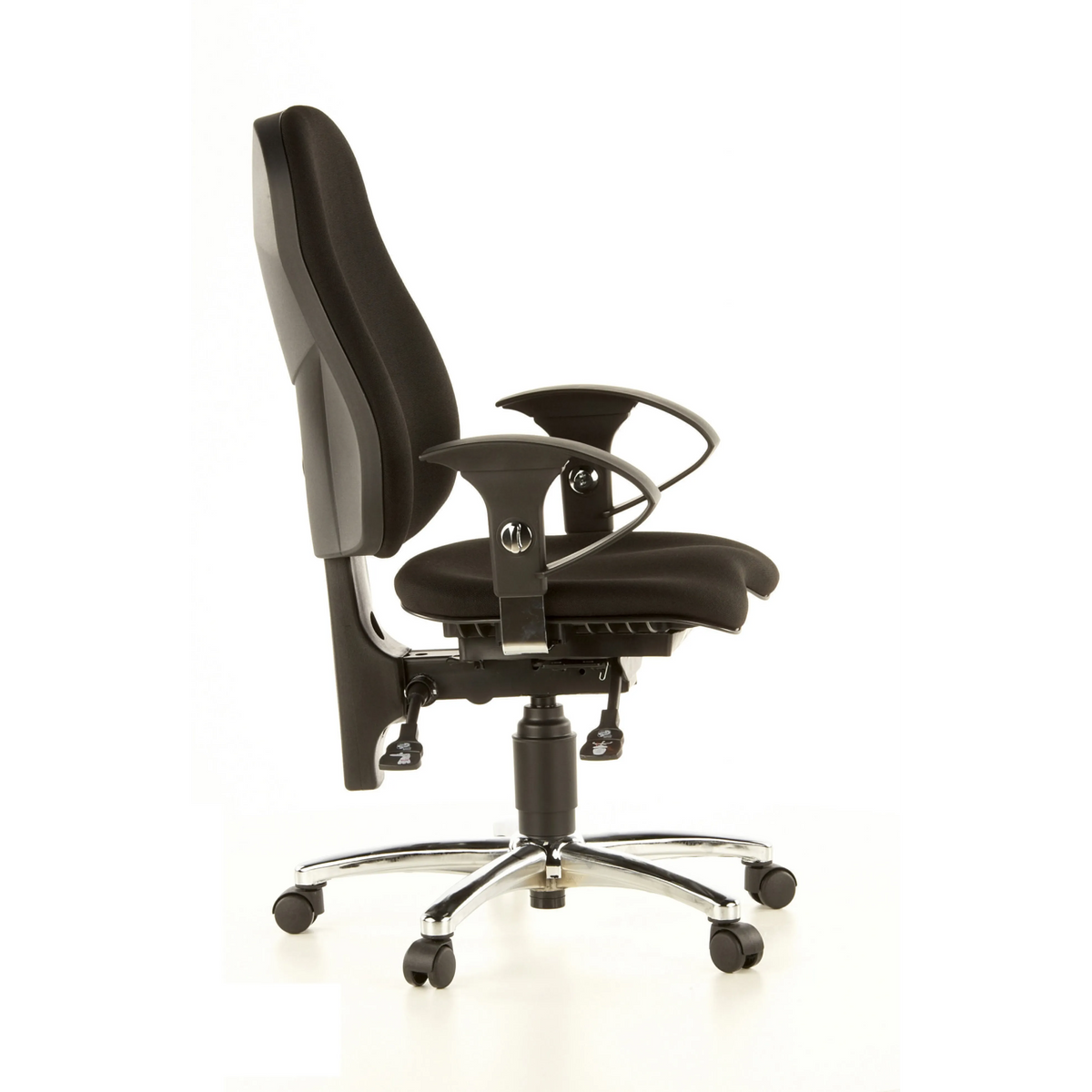 Schwarzer Profi-Bürostuhl SITNESS 10 mit Armlehnen und Fußkreuz mit fünf Rollen von Topstar – 360-Grad-Ansicht (Seitenprofil 80°)