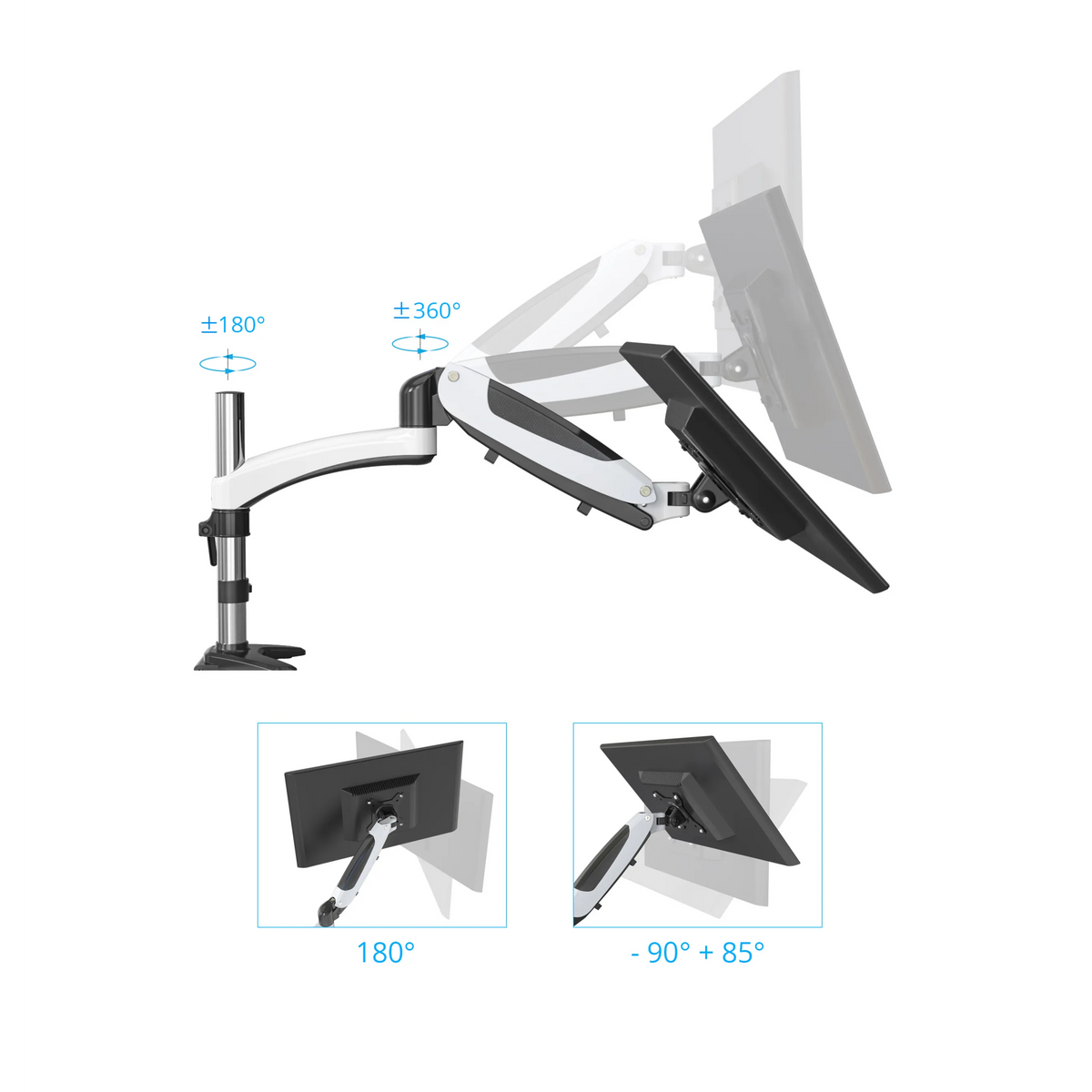 Verstellmechanismen der Monitorhalterung VM-MG1 mit Angaben zur Drehung und Neigung in Grad von hjh OFFICE