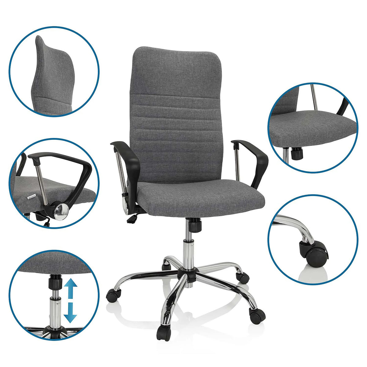Grauer Homeoffice-Bürostuhl ARTON 40 mit Detailansichten von Rückenlehne, Armlehnen, Gasdruckfeder und Rollen von hjh OFFICE