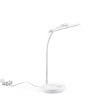Weiße Schreibtischlampe Lumanova D6 mit rundem Standfuß, flexiblem Hals und flachem Lampenkopf von hjh OFFICE – 360-Grad-Ansicht (schräge Frontansicht 30°)