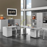Höhenverstellbarer Schreibtisch MEGA 8 S in Grau und Silber mit Rollcontainer und Sideboard von hjh OFFICE PRO