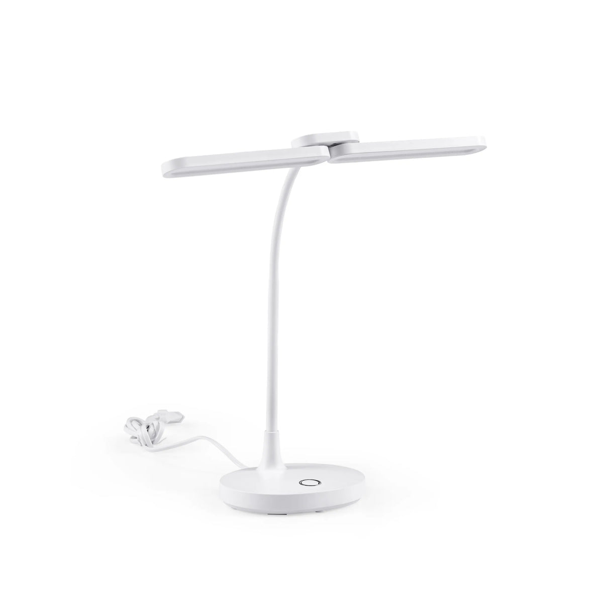 Weiße Schreibtischlampe Lumanova D6 mit T-förmigem Lampenkopf und rundem Standfuß von hjh OFFICE – 360-Grad-Ansicht (schräge Frontansicht 30°)