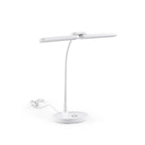 Weiße Schreibtischlampe Lumanova D6 mit T-förmigem Lampenkopf und rundem Standfuß von hjh OFFICE – 360-Grad-Ansicht (schräge Frontansicht 30°)