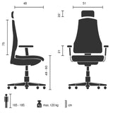 Technische Zeichnung des Home-Office-Chefsessels Relax Legoro mit einer maximalen Belastbarkeit von 120 kg von MyBuero