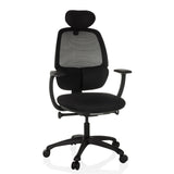 Schwarzer Profi-Bürostuhl RI-COVER mit Netzrücken, Kopfstütze und Fußkreuz mit fünf Rollen von hjh OFFICE – 360-Grad-Ansicht (Frontansicht 15°)