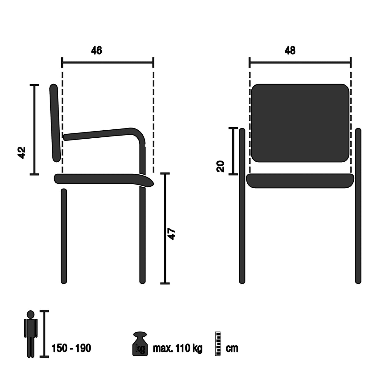 Technische Zeichnung des Besucherstuhls ADVIE V mit einer Sitzhöhe von 47 cm von hjh OFFICE