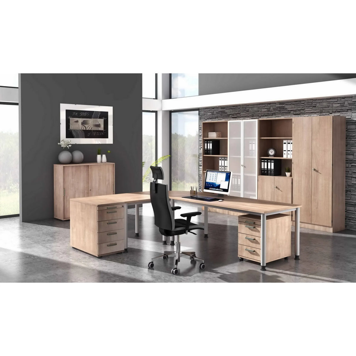 L-förmiger Schreibtisch HILO 12 S in Asteiche mit zwei Rollcontainern und Bürostuhl von hjh OFFICE PRO