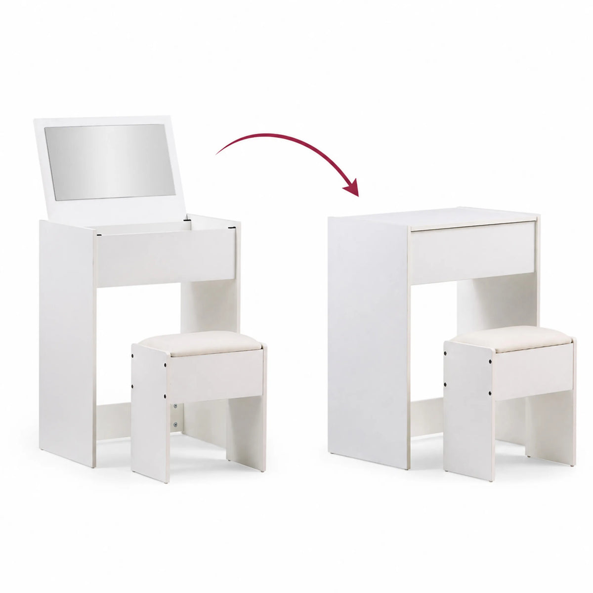 Klappmechanismus des Schminktisches Glamdesk in Weiß mit passendem Hocker von hjh LIVING