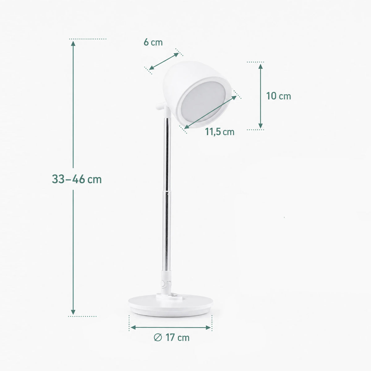 Technische Zeichnung der Schreibtischlampe Lumanova D3 mit einer Höhe von 33–46 cm und einem Fuß von 17 cm von hjh OFFICE