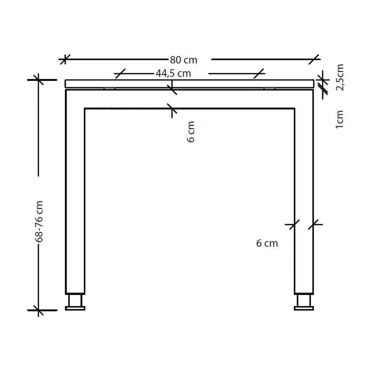 Maßzeichnung des Schreibtischs JAVA 8 S mit einer Breite von 80 cm und Höhe von 68-76 cm von hjh OFFICE PRO