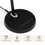 Standfuß der Schreibtischlampe Lumanova D2 in Schwarz mit Touch-Sensor und blauen Funktionssymbolen von hjh OFFICE