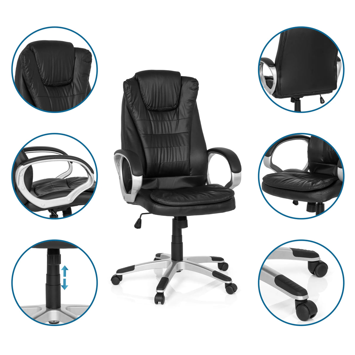 Gamingstuhl RELAX WB100 in Schwarz mit Detailansichten der Armlehnen, Gasfeder und Rollen von MyBuero
