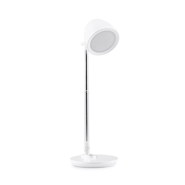 Weiße Schreibtischlampe Lumanova D3 mit schlankem Standfuß und rundem Lampenschirm von hjh OFFICE