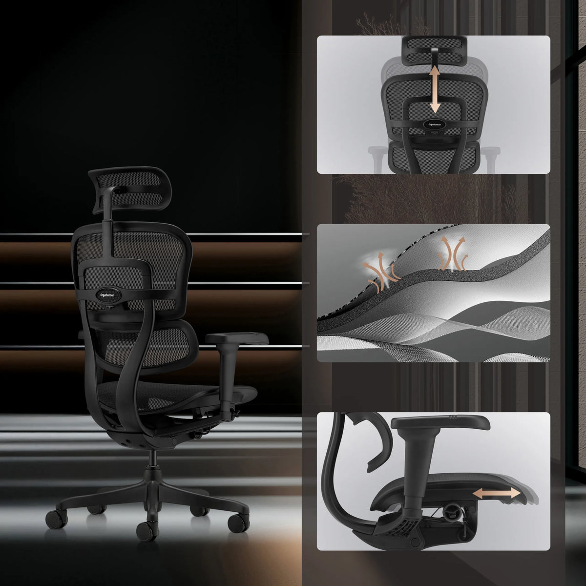 Luxus-Chefsessel ERGOHUMAN SIGNATURE GEN2 mit verstellbarer Kopfstütze, Netzgewebe und Sitzmechanik von hjh OFFICE