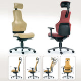 High-End-Bürostuhl ZERO O1 S in Beige und Rot mit Darstellung der Verstellmöglichkeiten von Sitwell Steifensand