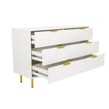 Weißes Sideboard HJELLE mit drei geöffneten Schubladen und goldfarbenen Füßen von hjh LIVING
