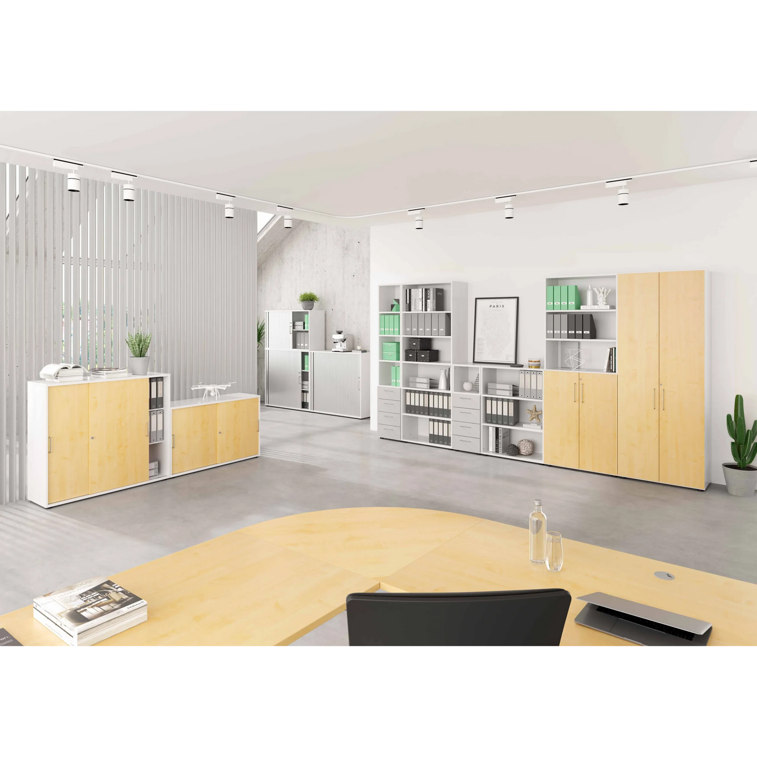 Schrank mit Türen in Weiß und Ahorn der Serie BETA 9 von hjh OFFICE PRO