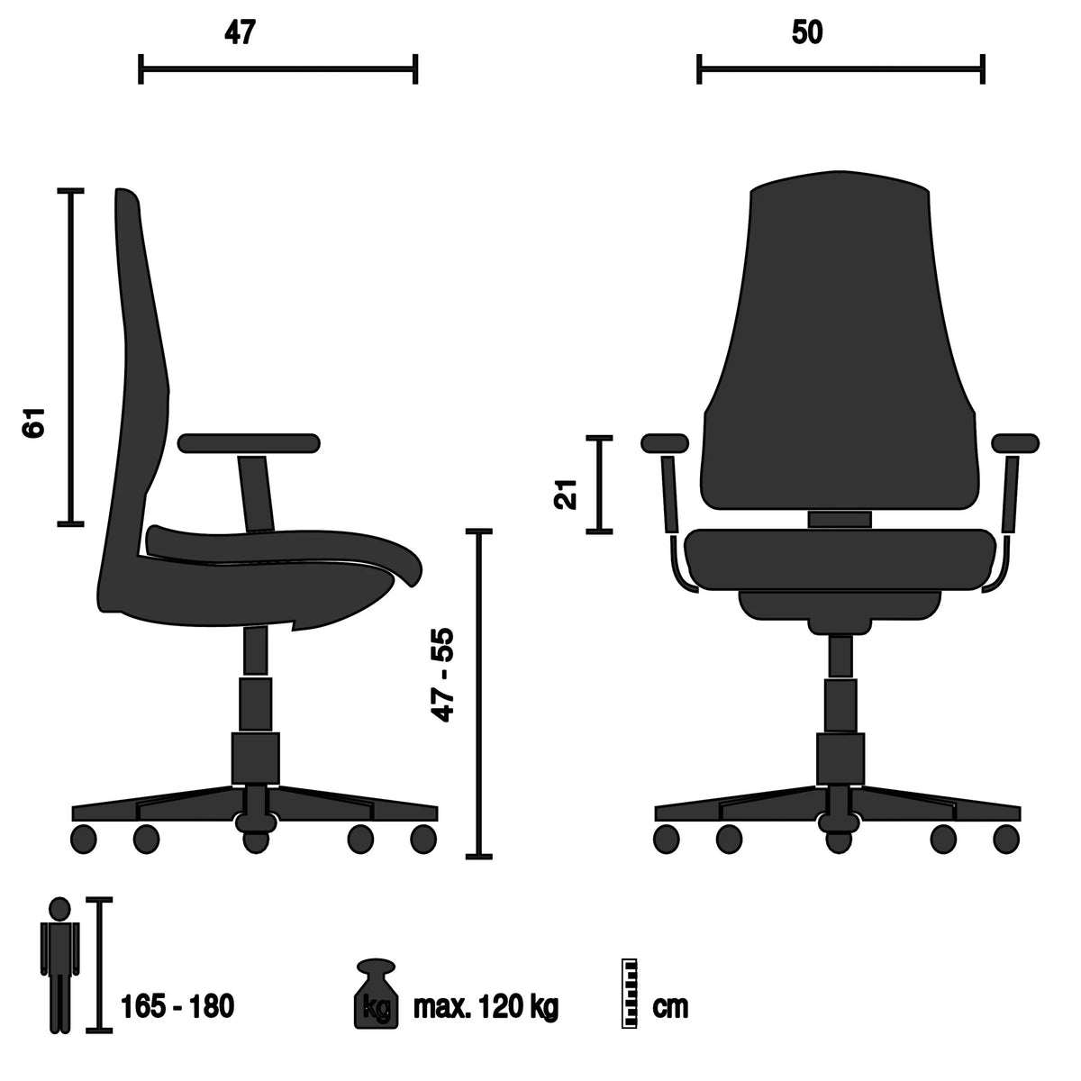 Technische Zeichnung des Homeoffice Bürostuhls SEDIOLO B mit einer Breite von 50 cm von hjh OFFICE