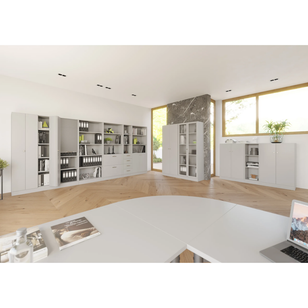Graues Regalsystem der Serie SIGNA B SIGNA B 6050 mit offenen Fächern und Schubladen von hjh OFFICE PRO
