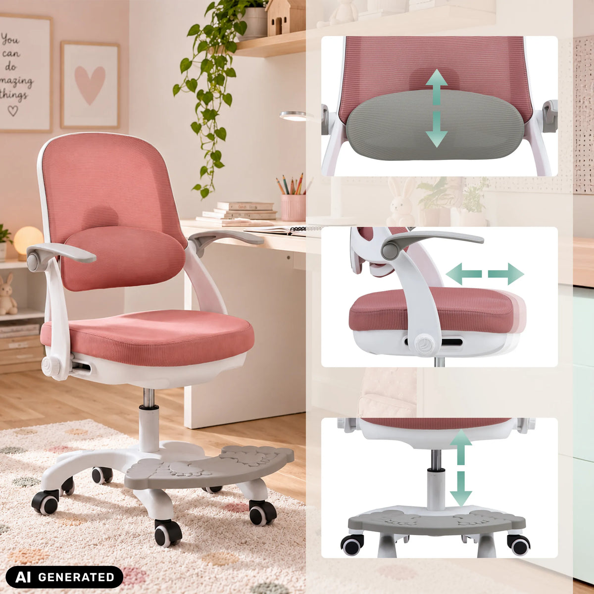 Verstellbare Rückenlehne, Armlehne und Sitzhöhe des Kinderdrehstuhls Kiddy Smart Step von hjh OFFICE (KI-generiertes Bild)