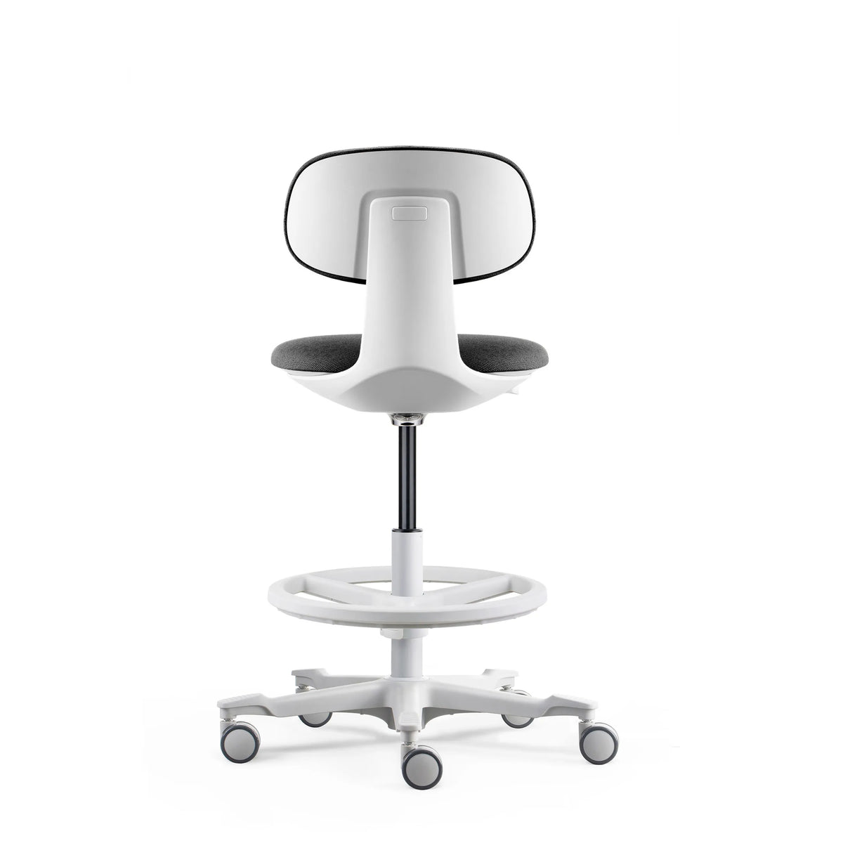 Rückansicht des Arbeitsstuhls WORK MF2 W in Dunkelgrau mit Fußring und Rollen von hjh OFFICE