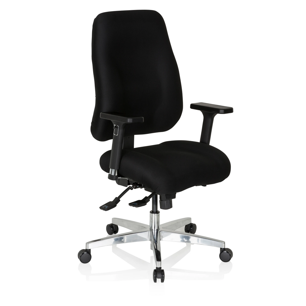 Schwarzer Profi-Bürostuhl ZENIT COMFORT mit Armlehnen und Fußkreuz mit fünf Rollen von hjh OFFICE – 360-Grad-Ansicht (schräge Frontansicht 40°)
