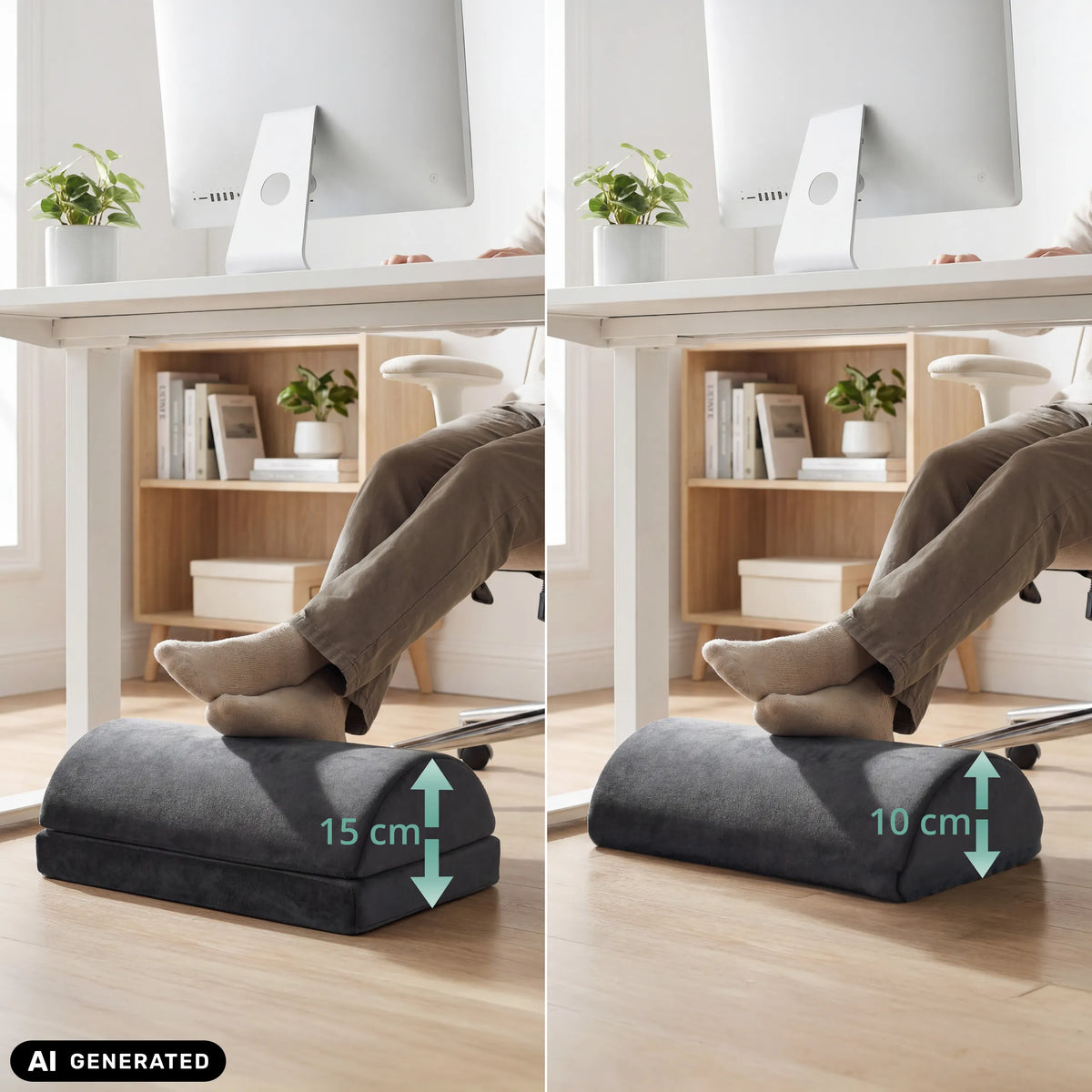 Höhenvergleich der Fußablage Podi Velvet 1 mit 10 cm und 15 cm von hjh OFFICE (KI-generiertes Bild)