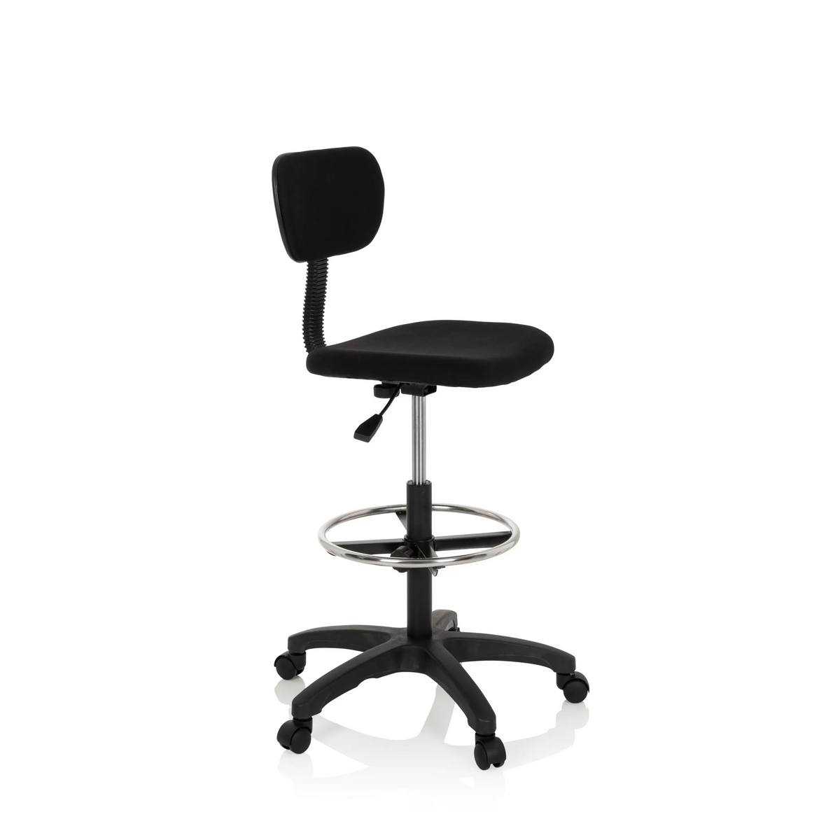 Schwarzer Counterstuhl TOP WORK 05 mit Fußring und Fußkreuz mit fünf Rollen von hjh OFFICE – 360-Grad-Ansicht (schräge Frontansicht 60°)