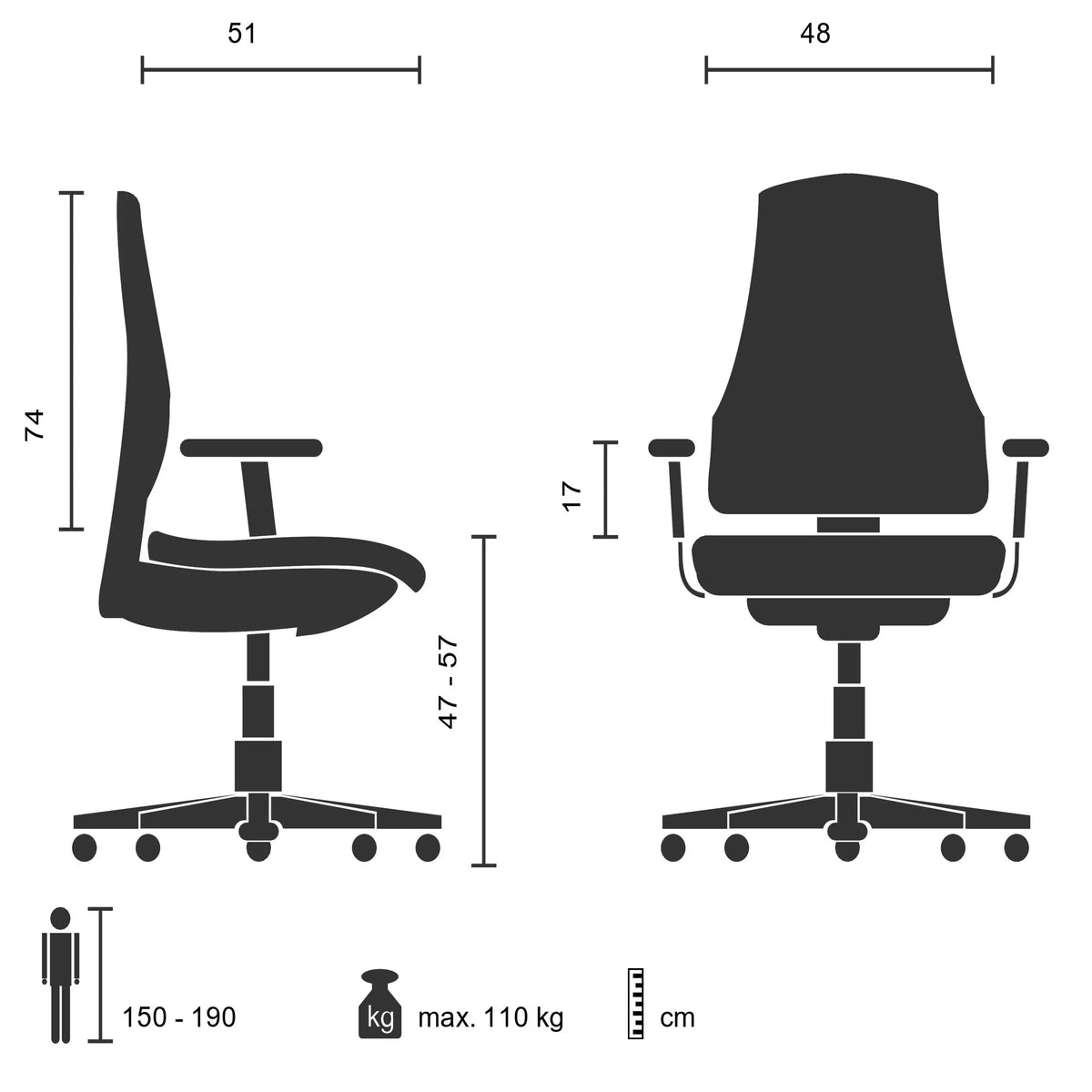 Technische Zeichnung des Home-Office-Bürostuhls SARANTO PLUS I mit einer Breite von 48 cm von hjh OFFICE