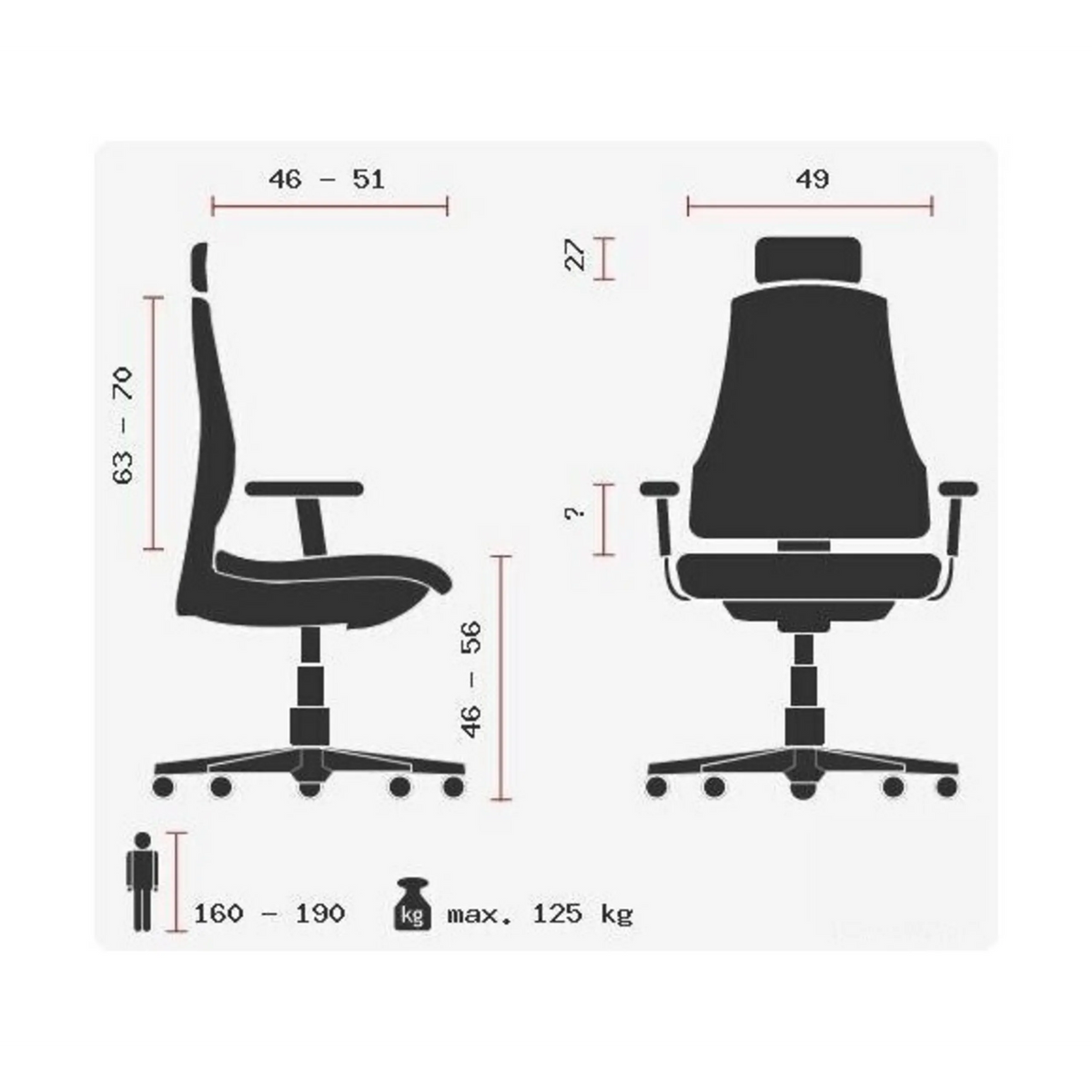 Technische Zeichnung des High-End-Bürostuhls ZERO O1 AL S mit max. 125 kg Belastbarkeit von Sitwell Steifensand