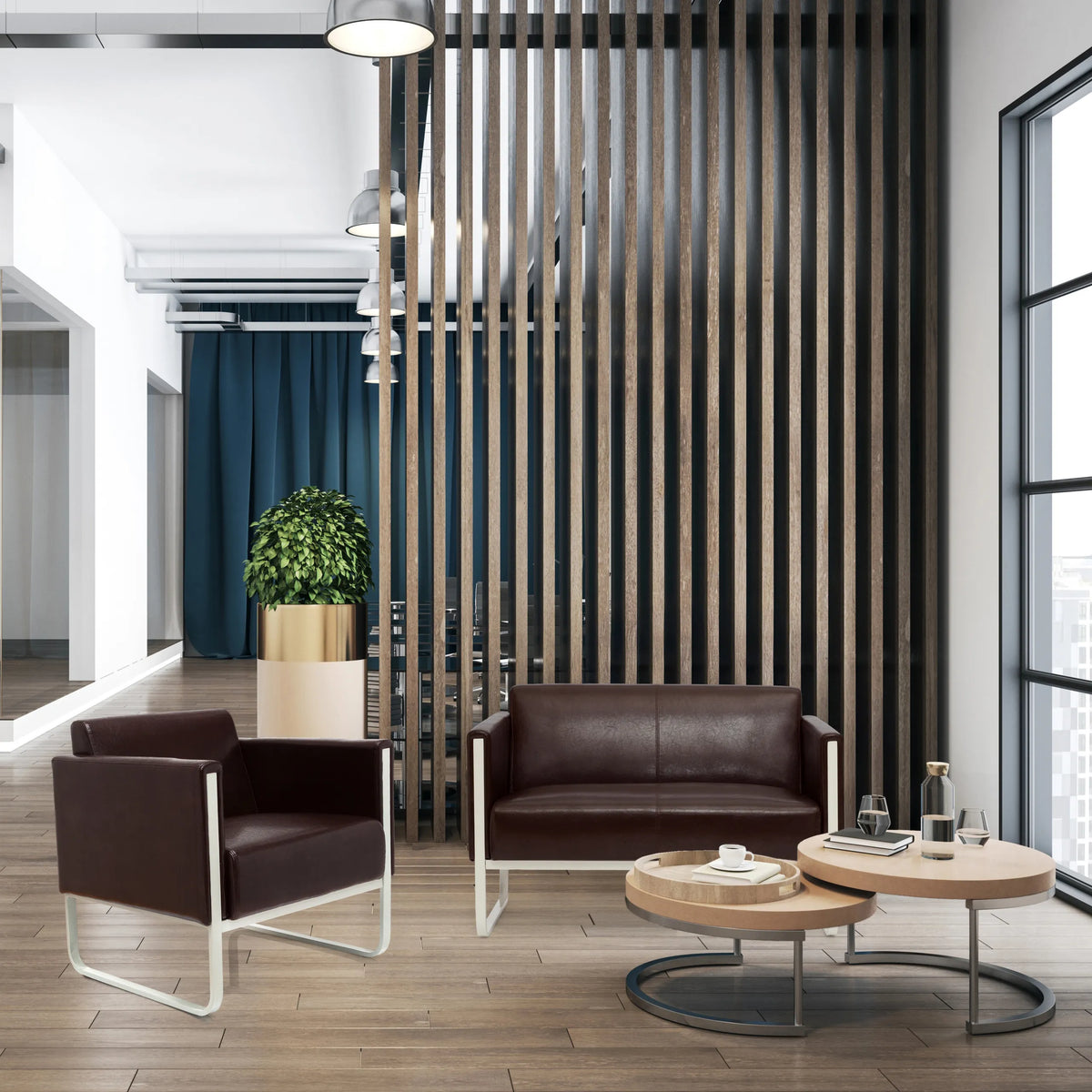 Braunes Loungesofa ARUBA als Zwei-Sitzer mit weißem Metallgestell von hjh OFFICE