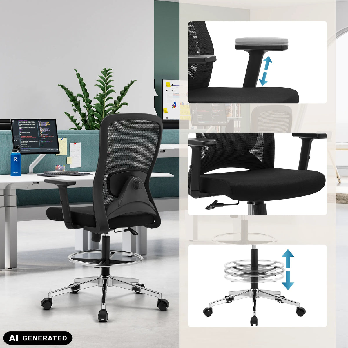 Höhenverstellbare Armlehnen und Sitzhöhe des Arbeitsstuhls Top Work 44 von hjh OFFICE (KI-generiertes Bild)