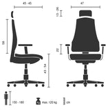 Technische Zeichnung des Homeoffice-Bürostuhls Vertuflex mit 47 cm Breite und max. 120 kg Belastung von MyBuero