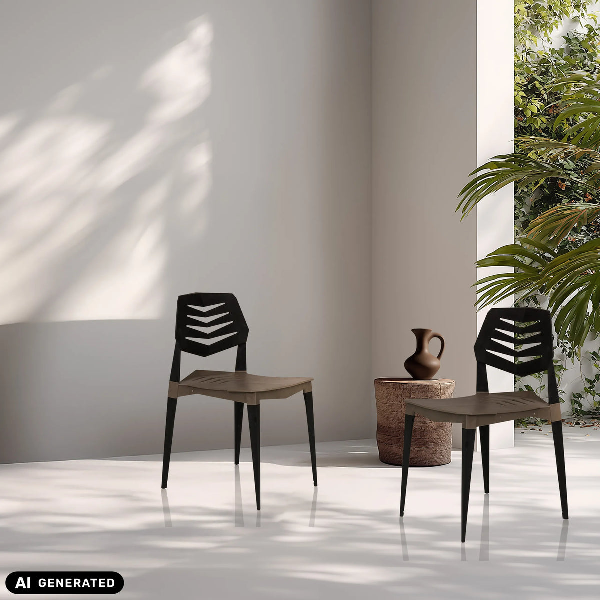 Zwei Outdoor-Stühle Flecharo in Braun und Schwarz von hjh LIVING (KI-generiertes Bild)