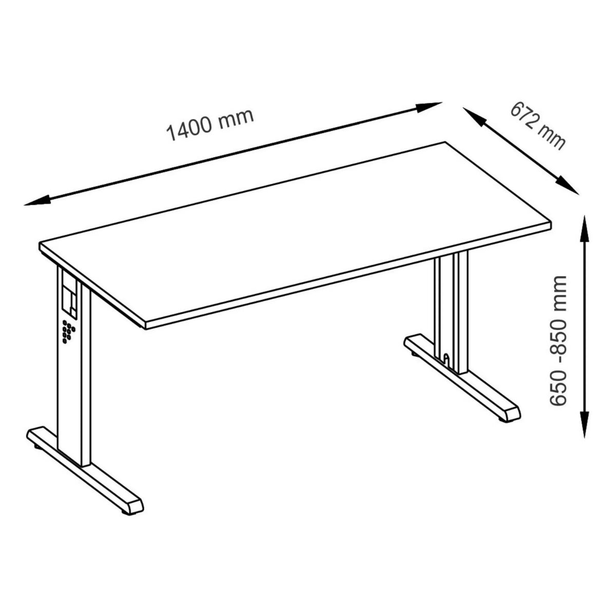 Maßzeichnung des höhenverstellbaren Schreibtischs MEGA 614 G mit 1400 x 672 mm und 650-850 mm Höhe von hjh OFFICE PRO