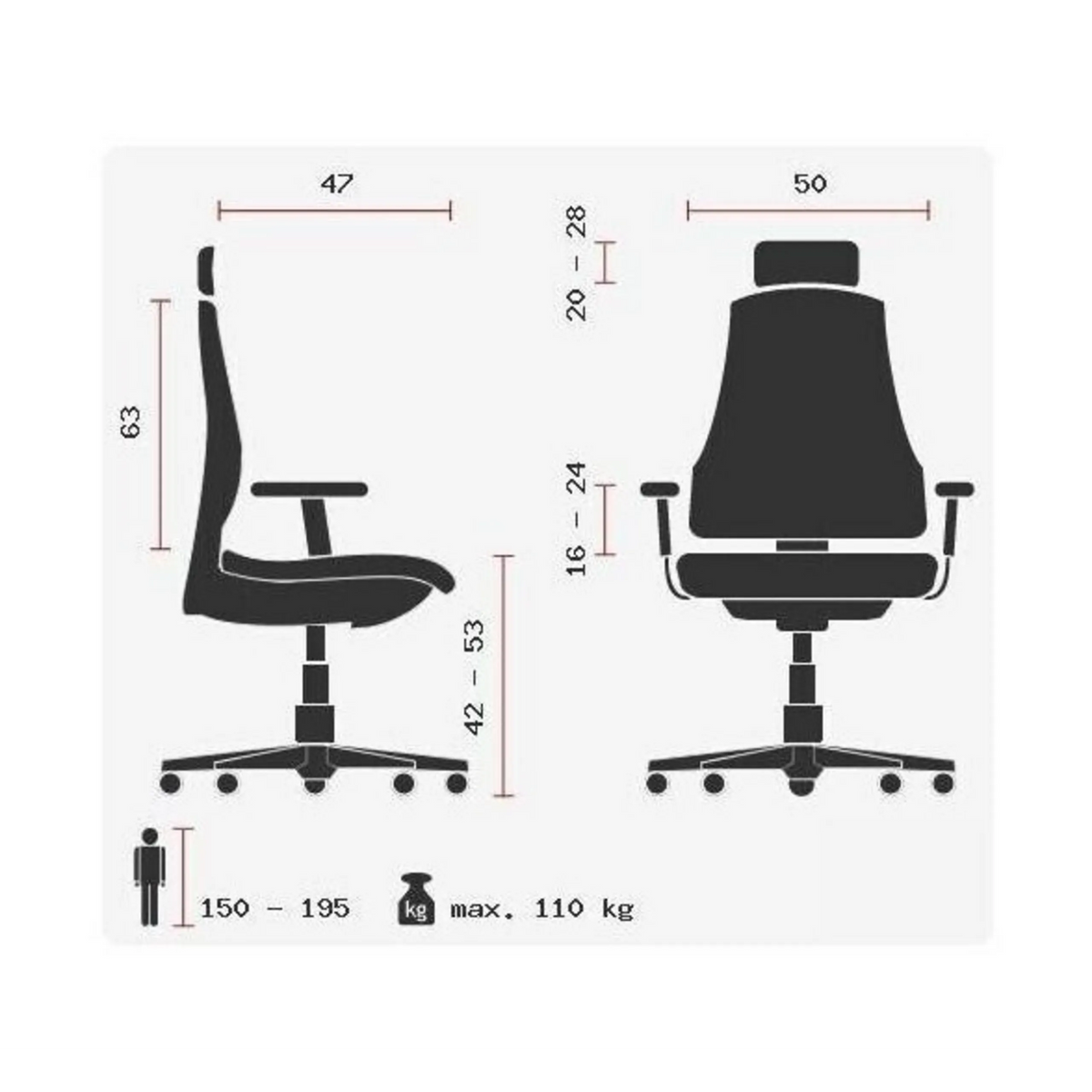 Technische Zeichnung des Profi-Bürostuhls HEAD POINT RS mit einer maximalen Belastung von 110 kg von Topstar