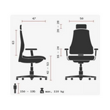 Technische Zeichnung des Profi-Bürostuhls HEAD POINT RS mit einer maximalen Belastung von 110 kg von Topstar