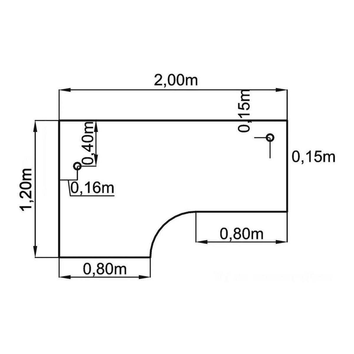 Technische Zeichnung des Schreibtischs UNDA 82 W mit 2,00 x 1,20 m von hjh OFFICE PRO